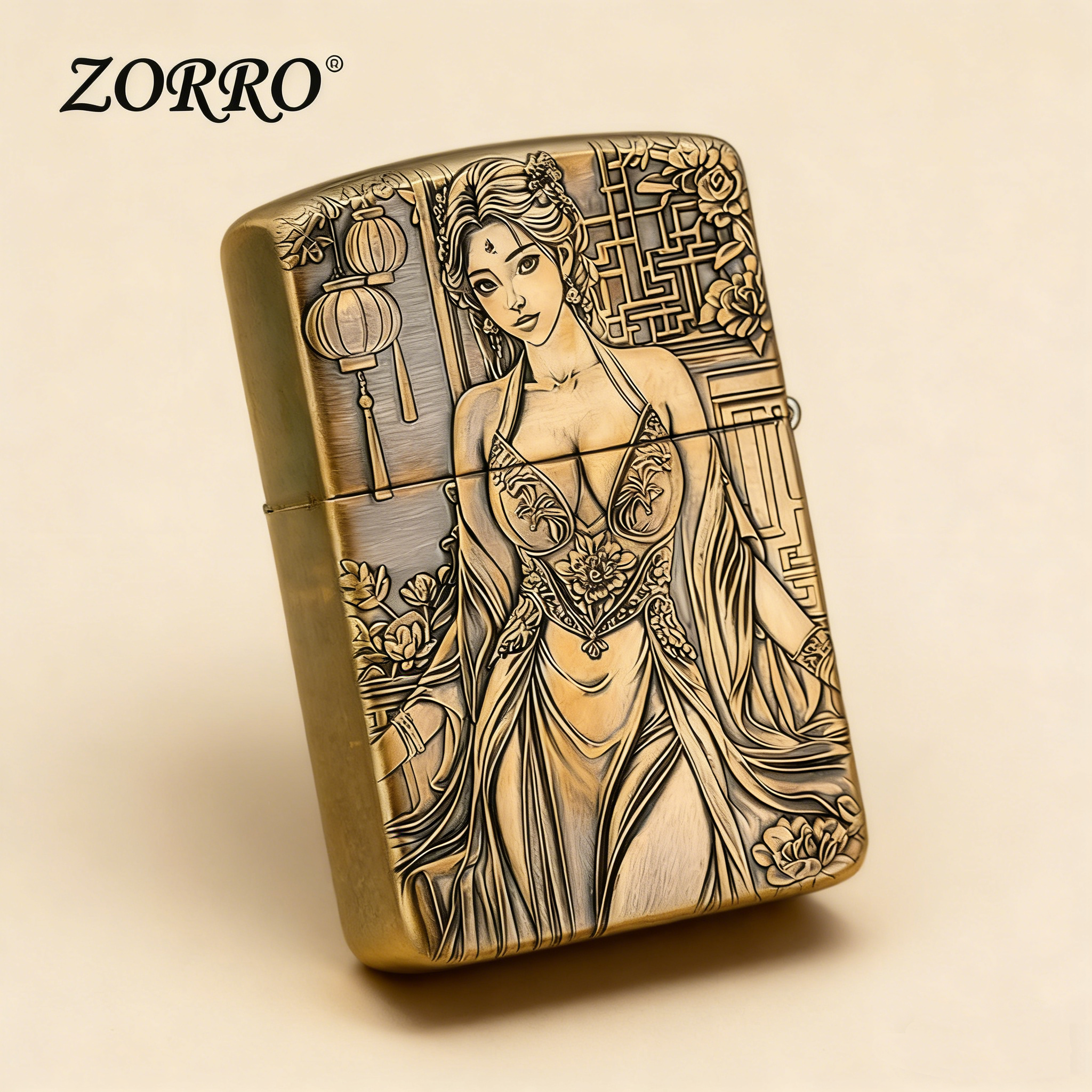 ZORRO佐罗煤油打火机金色浮雕古典美女防风个性古铜火机创意礼物