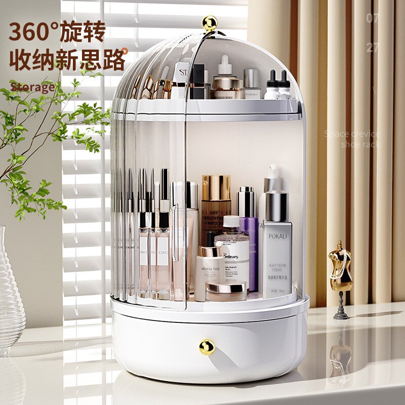 桌面首饰盒透明护肤品收纳360°旋转防尘抽屉化妆品大容量收纳盒