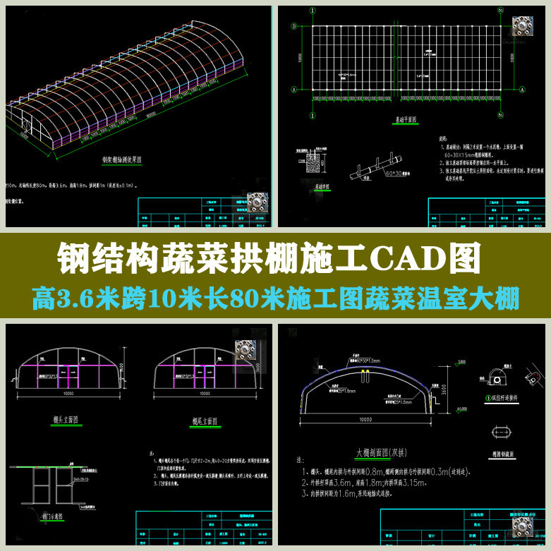 钢结构蔬菜拱棚施工蔬菜温室大棚高3.6米跨10米长80米cad图纸