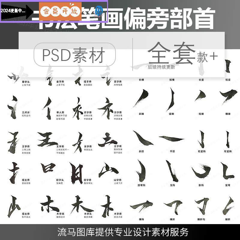 书法字体笔画汉字古风手写毛笔笔触偏旁部首字贴海报psd分层素材