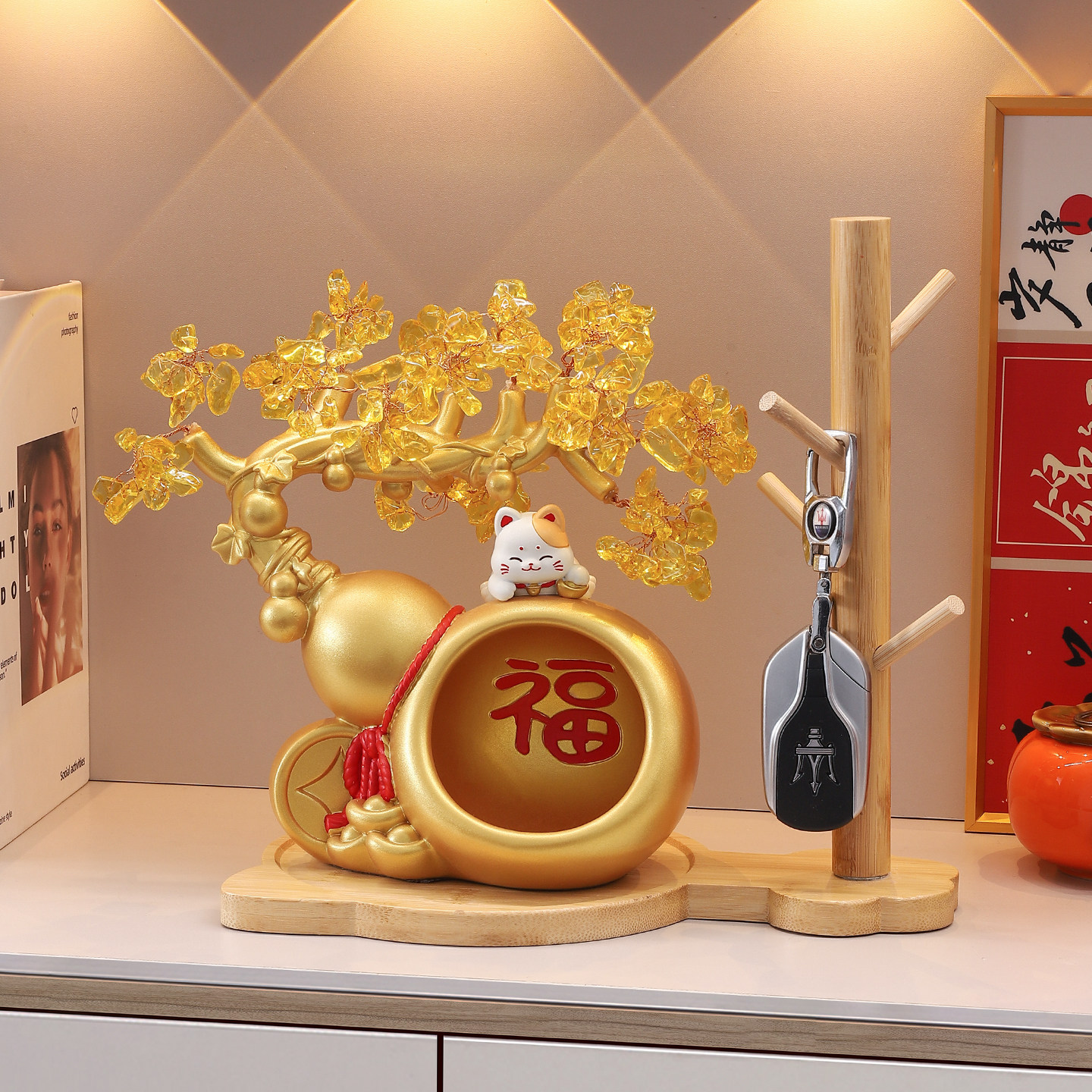 喜庆发财树葫芦招财猫摆件入户玄关钥匙收纳电视柜装饰品乔迁礼物,家居饰品,装饰摆件,淘宝优惠券,粉丝福利购,淘宝优惠卷