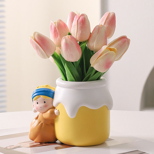 珍珠少女花瓶摆件客厅插花装饰品