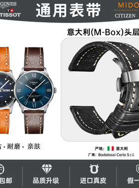 纯牛皮表带真皮男适用天梭1853力洛克浪琴美度阿玛尼西铁城手表带