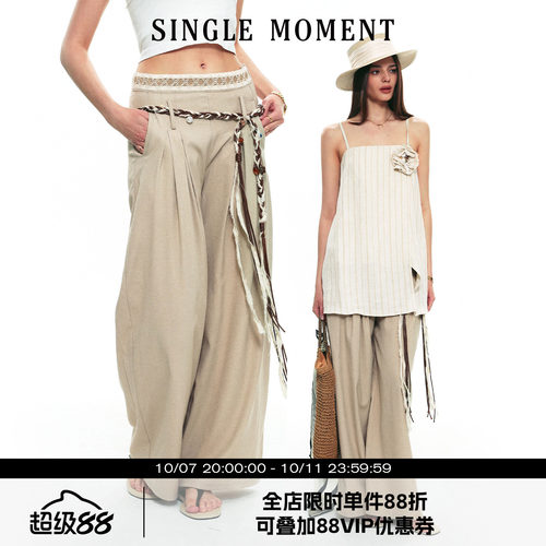 SINGLE MOMENT 25SS夏季新款法式索罗纳亚麻混纺阔腿休闲西裤长裤