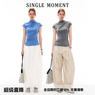 SINGLE MOMENT 26SS法式夏季半高领小飞袖修身褶皱T恤无袖上衣女