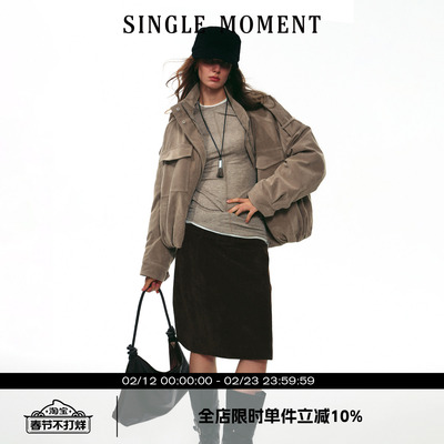 SINGLE MOMENT 25AW法式秋冬绒面褶皱工装大口袋棉衣夹克外套女