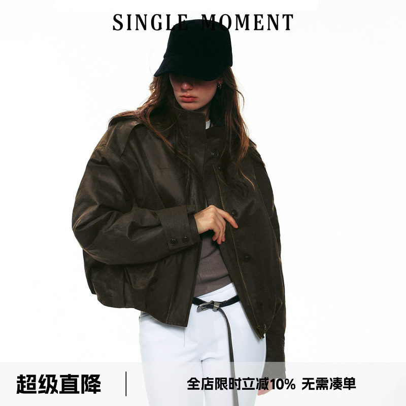 SINGLE MOMENT 25AW法式轻奢设计蜡感褶皱复古短款棉衣夹克外套女