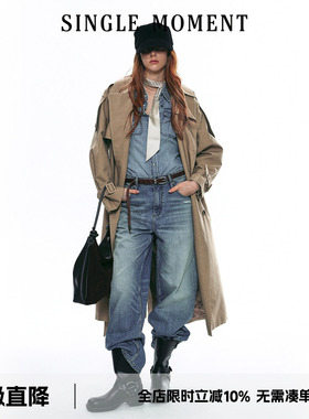 SINGLE MOMENT 25AW法式气质高级感双面缎纹大翻领长款风衣外套女