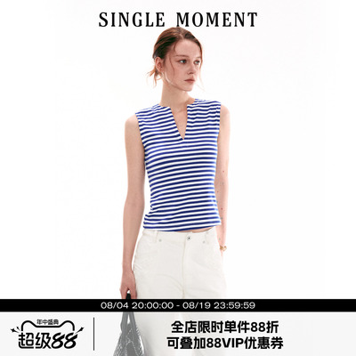 SINGLE MOMENT 26SS法式夏季休闲v领无袖背心上衣修身T恤女