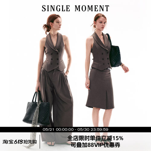 SINGLE MOMENT 26SS法式复古青果领双排扣修身西装马甲西裤套装女