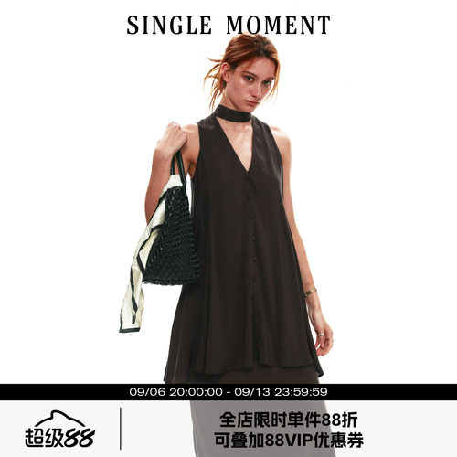 SINGLE MOMENT 26SS夏季法式铜氨丝A字V领飘带无袖宽松连衣裙女