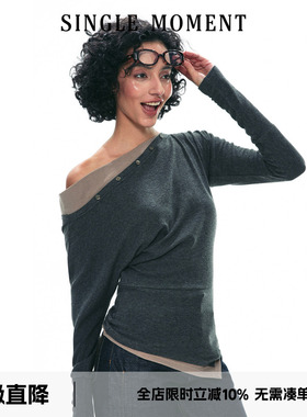 SINGLE MOMENT 25SS斜肩假两件长袖T恤打底衫弹力修身显瘦上衣女