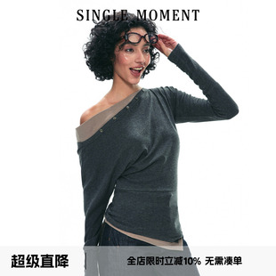 弹力修身 SINGLE T恤打底衫 25SS斜肩假两件长袖 显瘦上衣女 MOMENT