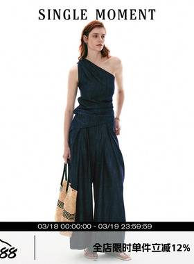 SINGLE MOMENT 26SS法式复古斜肩修身显瘦无袖上衣背心西裤套装女