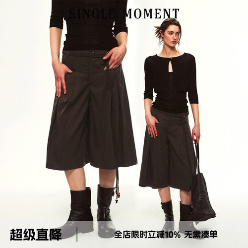SINGLE MOMENT 26SS夏季法式工字褶抽绳宽松阔腿七分裤休闲短裤女
