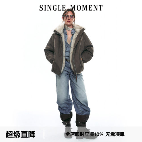 SINGLE MOMENT 25AW法式秋冬复古巴恩风座山雕仿狐狸毛夹克外套女