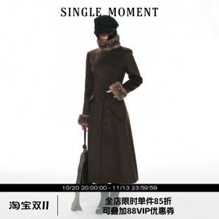 SINGLE MOMENT 26AW法式通勤可拆卸毛领斜门襟修身毛呢大衣外套女