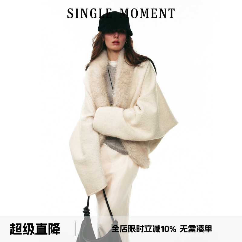 SINGLE MOMENT 25AW法式冬季轻奢优雅茧型羊毛毛领开衫外套上衣女