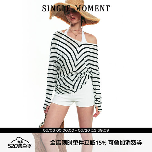 SINGLE MOMENT 25SS夏季法式一字设计感天丝条纹长袖防晒T恤上衣