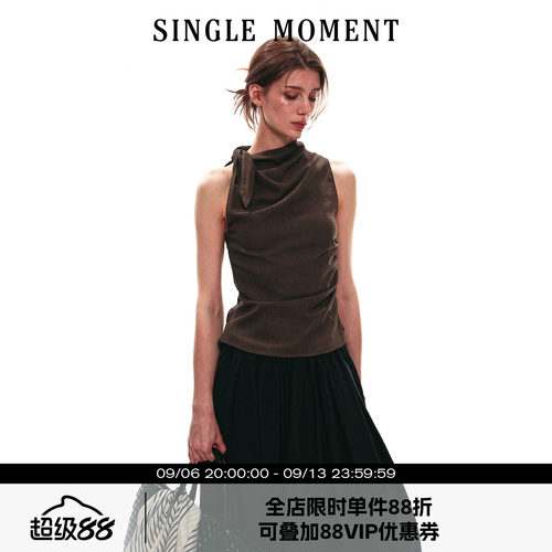 SINGLE MOMENT 26SS夏季法式系带堆领无袖背心修身气质上衣女