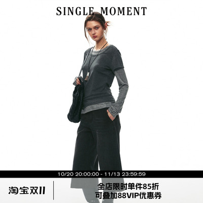 SINGLE MOMENT 26AW法式经典通勤假两件撞色长袖针织T恤圆领上衣