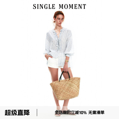 SINGLE MOMENT 26SS夏季法式条纹手工木耳边七分袖休闲衬衫上衣女