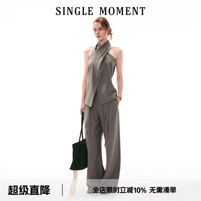 SINGLE MOMENT 26SS法式复古交叉领挂脖无袖上衣直筒休闲西裤套装