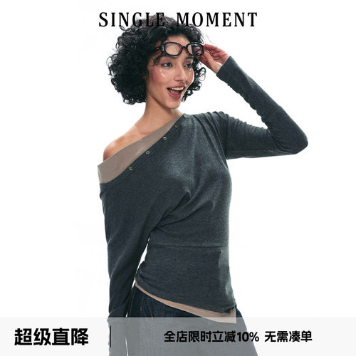 SINGLEMOMENT斜肩假两件打底衫
