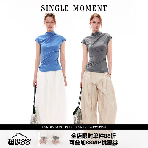 SINGLE MOMENT 26SS法式夏季半高领小飞袖修身褶皱T恤无袖上衣女