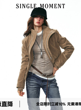 SINGLE MOMENT 25AW法式复古绒感斜门襟立领短款夹克长袖外套女