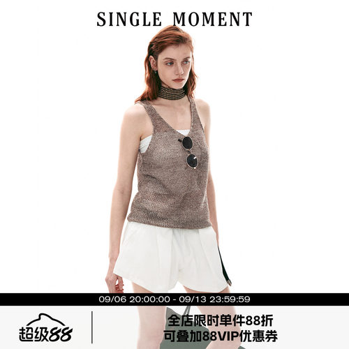 SINGLE MOMENT 26SS法式复古休闲透气宽松花纱针织镂空背心上衣女