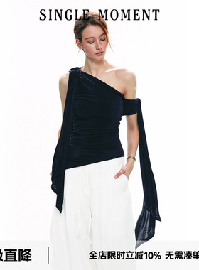 SINGLE MOMENT 25SS春夏醋酸法式斜肩设计飘带露肩无袖上衣背心女