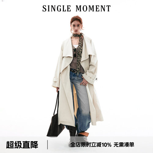 SINGLE MOMENT 26SS法式复古做旧大翻领长款风衣宽松外套上衣女