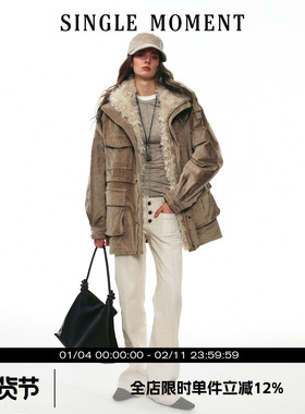 SINGLE MOMENT 25AW法式中长款灯芯绒毛领拼接工装外套派克服女