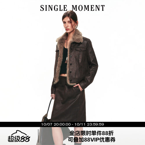 SINGLE MOMENT 26AW法式通勤毛毛领蜡感工装外套毛里棉服夹克女