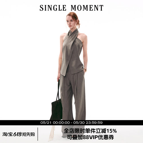 SINGLE MOMENT 26SS法式复古交叉领挂脖无袖上衣直筒休闲西裤套装