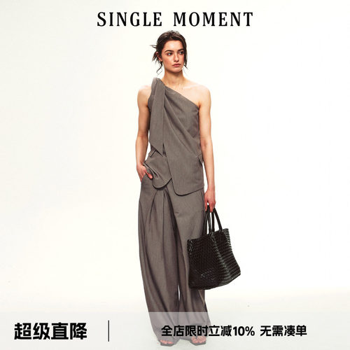 SINGLE MOMENT 26SS夏季法式斜肩打结不对称西装式抹胸上衣女