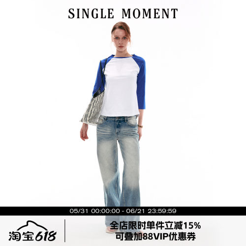 SINGLE MOMENT 26SS夏季通勤复古撞色七分袖T恤插肩袖短袖上衣女