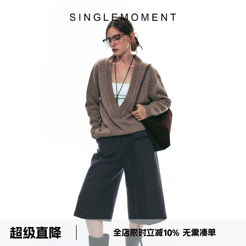 SINGLE MOMENT 25AW法式宽松深V领慵懒感毛衣针织衫套头上衣毛衫