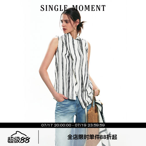 SINGLE MOMENT 25SS夏季法式亚麻水墨条纹飘带上衣露肩无袖背心女