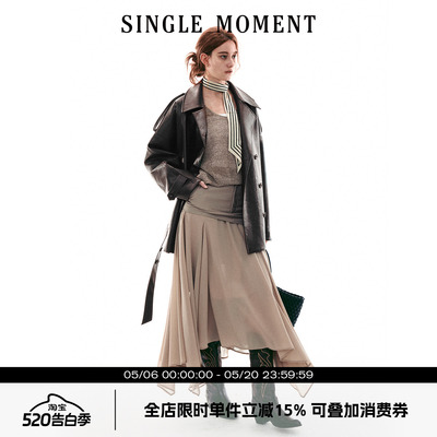 SINGLE MOMENT 26SS法式PU皮短款收腰宽松系带长袖风衣外套上衣女