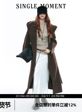 SINGLE MOMENT 25AW法式冬季复古羊毛连帽斗篷双面呢大衣长外套女