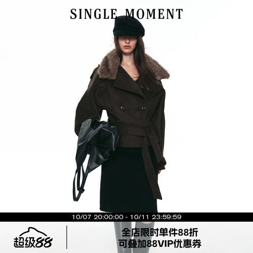 SINGLE MOMENT 26AW法式通勤可拆卸毛领廓形双排扣毛呢保暖外套女