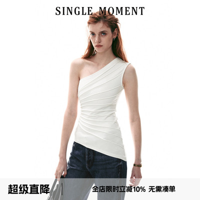 SINGLE MOMENT 26SS夏季法式放射压褶斜肩针织上衣背心无袖T恤女