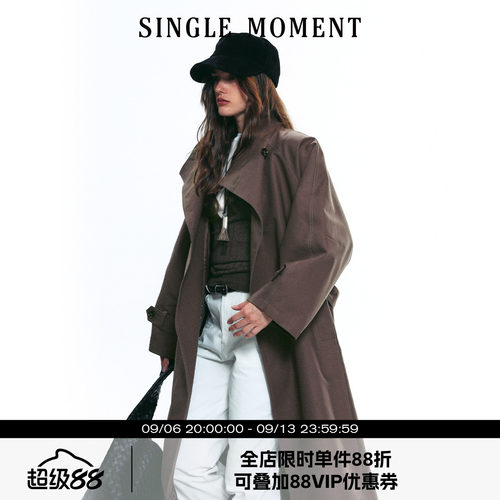 SINGLE MOMENT 25AW秋季双面缎纹A字廓形半立领长款风衣外套女