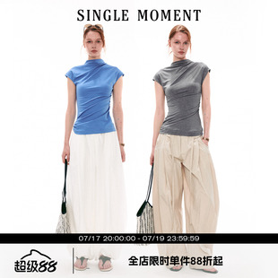 SINGLE MOMENT 26SS法式夏季半高领小飞袖修身褶皱T恤无袖上衣女