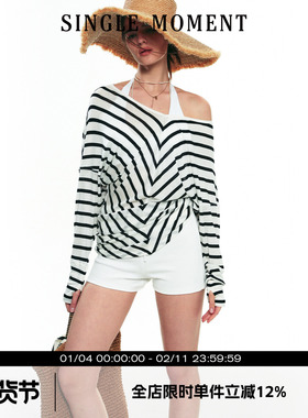 SINGLE MOMENT 25SS夏季法式一字设计感天丝条纹长袖防晒T恤上衣