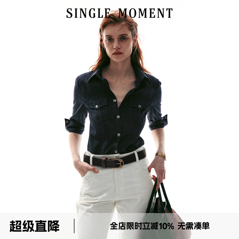 SINGLE MOMENT 26SS复古意式修身翻领猎装收腰5分袖衬衫上衣女图片