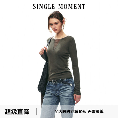 SINGLE MOMENT 26AW法式简约V领挑纱长袖毛织套头打底衫针织衫女