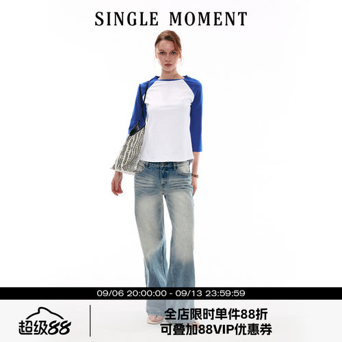 SINGLE MOMENT 26SS夏季通勤复古撞色七分袖T恤插肩袖短袖上衣女